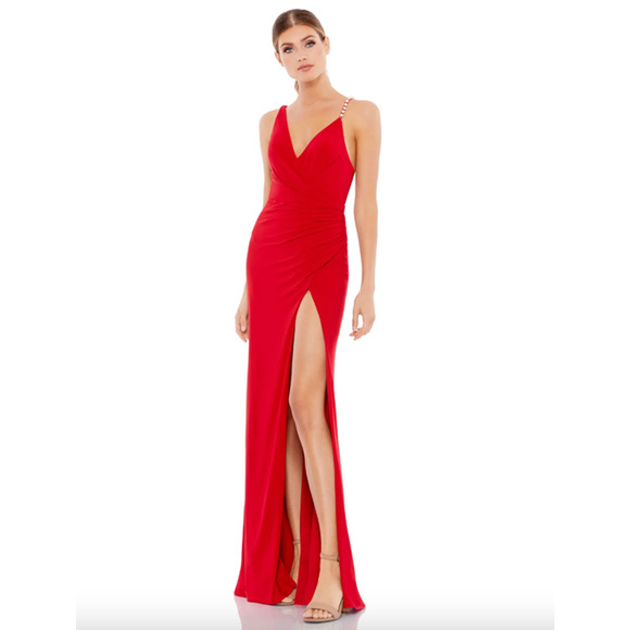 MAC DUGGAL Dress Size 8 Evening Gown Red NEW Assymmetrical Pearl Strap V Neck - Picture 1 of 5